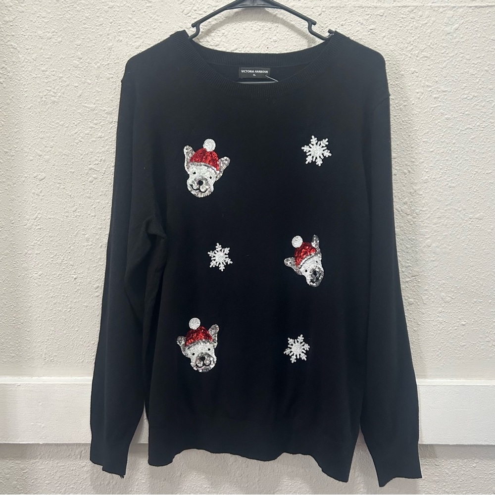 Victoria Harbour Women's Black Sequin Dog Christmas Sweater XL